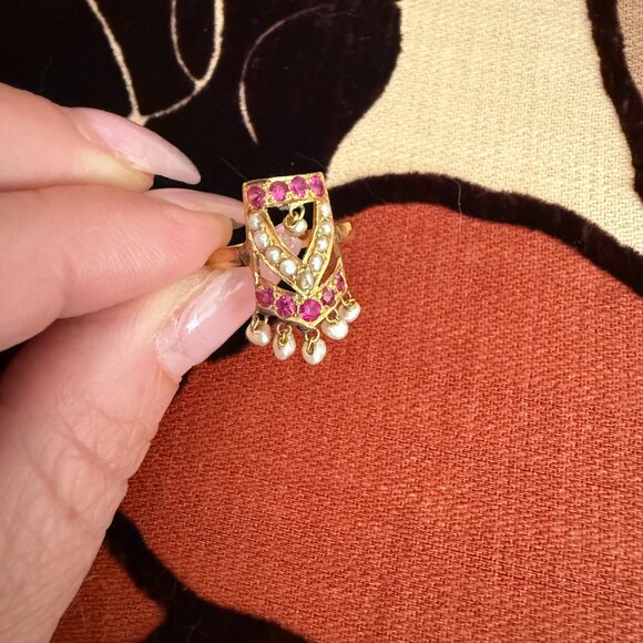 20k Yellow Gold, Spinel and Cultured Pearl Ring, Size 6 - 6.5, 3.36g - Picture 5 of 13